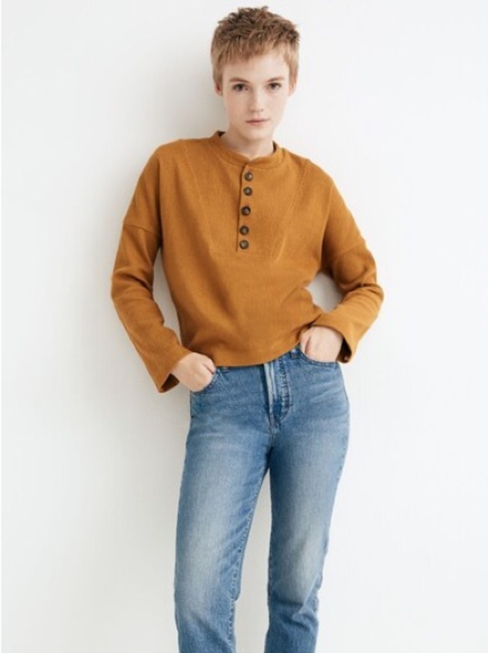 Madewell Texture & Thread Seamed Henley Top - Antique Gold